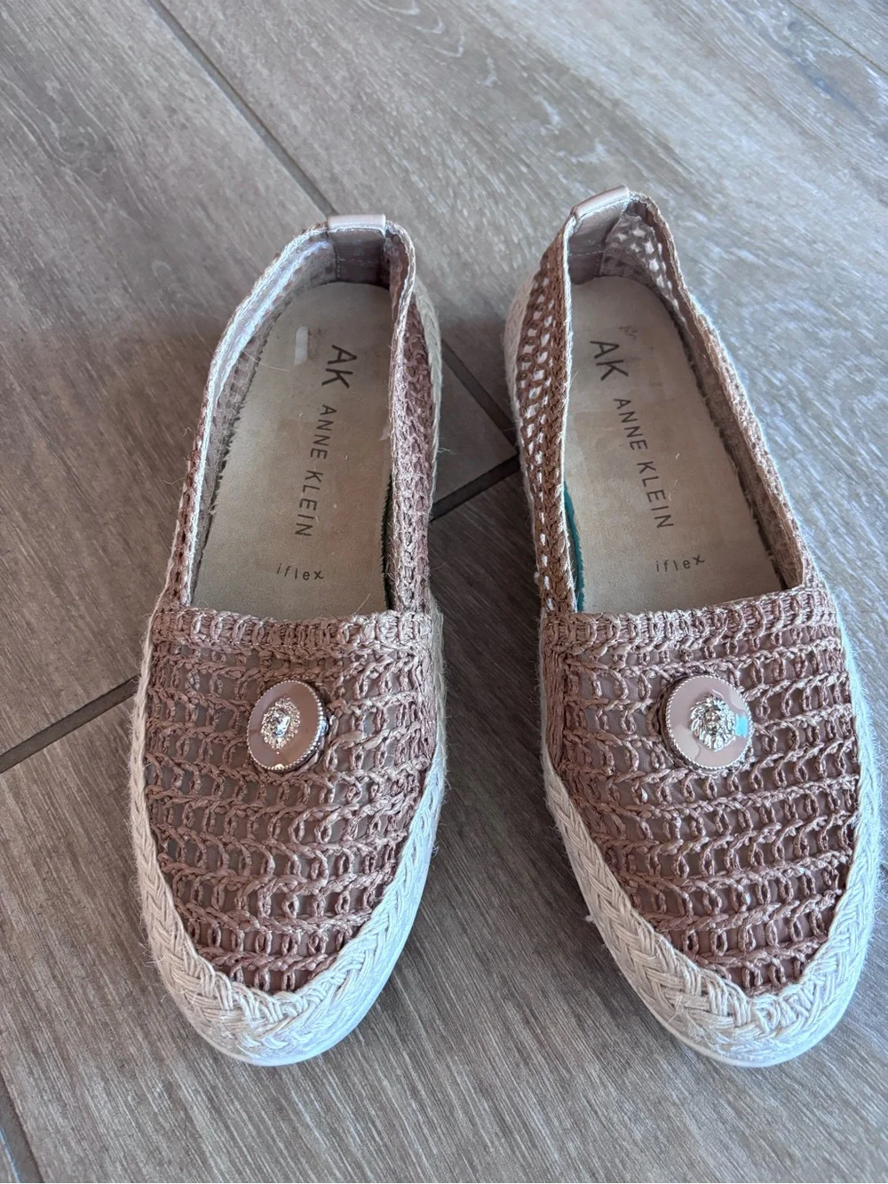 Anne Klein Tan Woven Espadrille Slip-On Flats with Crystal Button